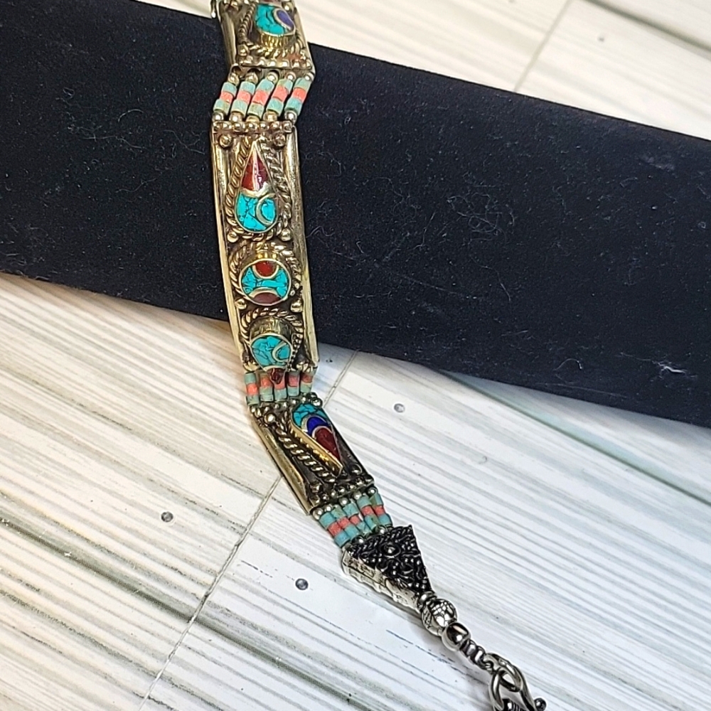 Turquoise, Lapis & Coral Tibetan Silver Bracelet 7.5” A07